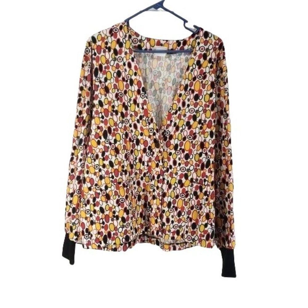 Peaches Long Sleeve Scrub Top Large Retro Oval Print Cotton V-Neck 6522 BGDT